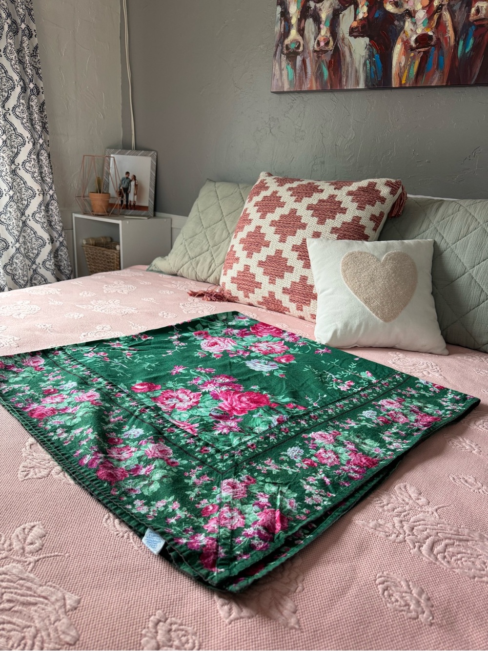 April Cornell Green Floral Tablecloth with Pink Rose Print